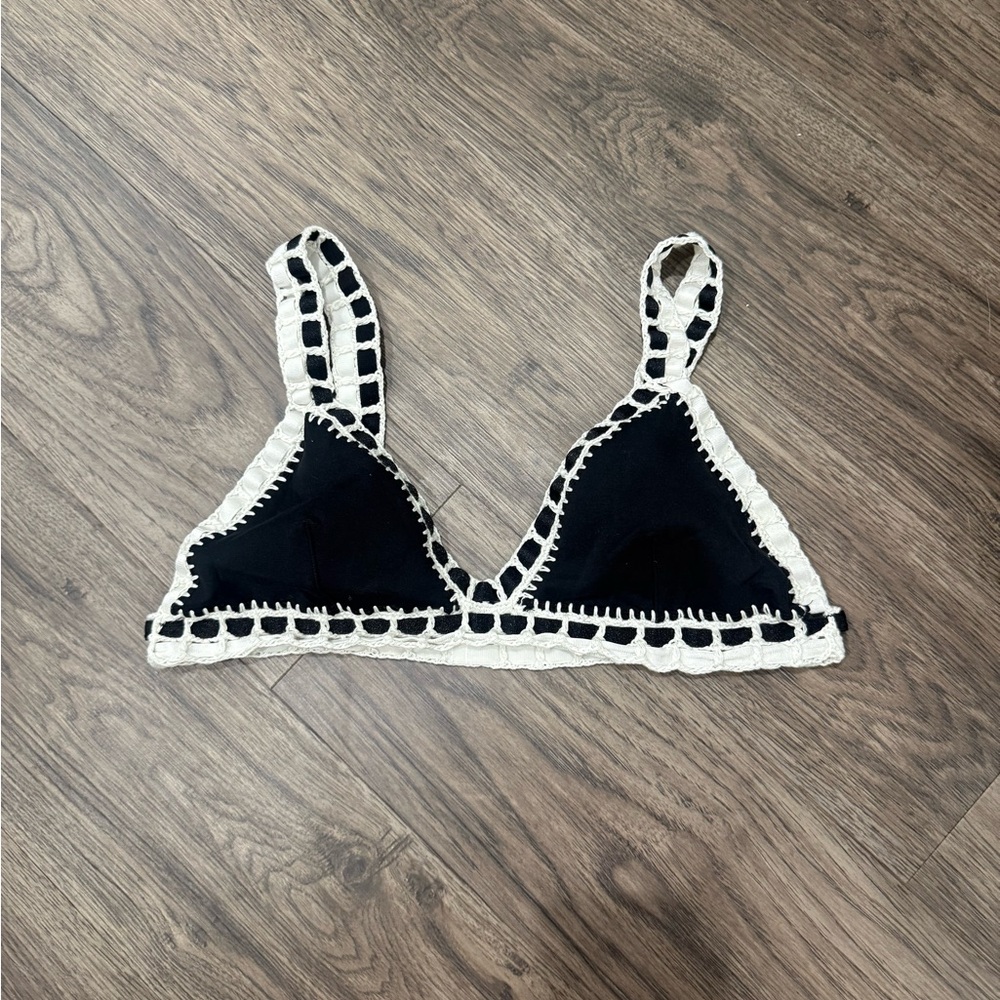 Black Crochet Trim Swim Top- Cream Accent
